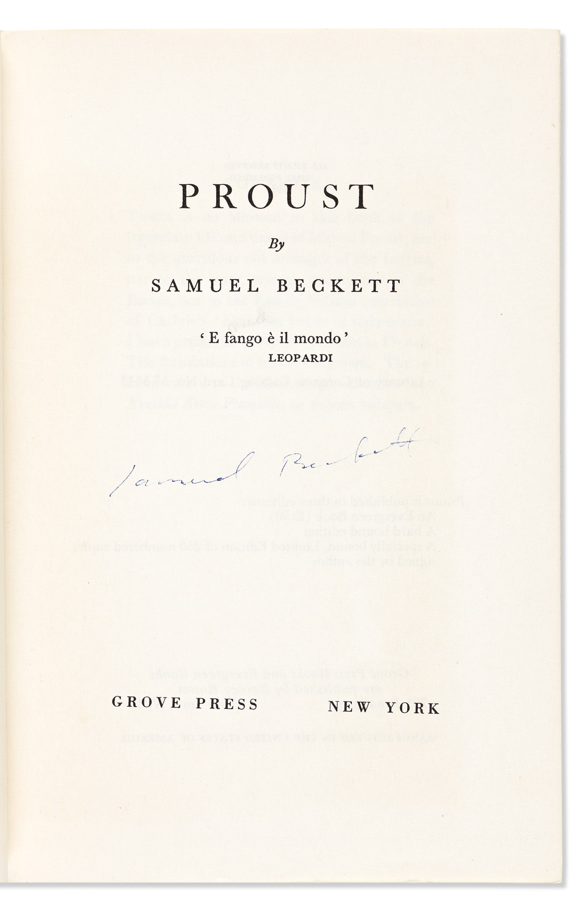 BECKETT, SAMUEL. Proust.
